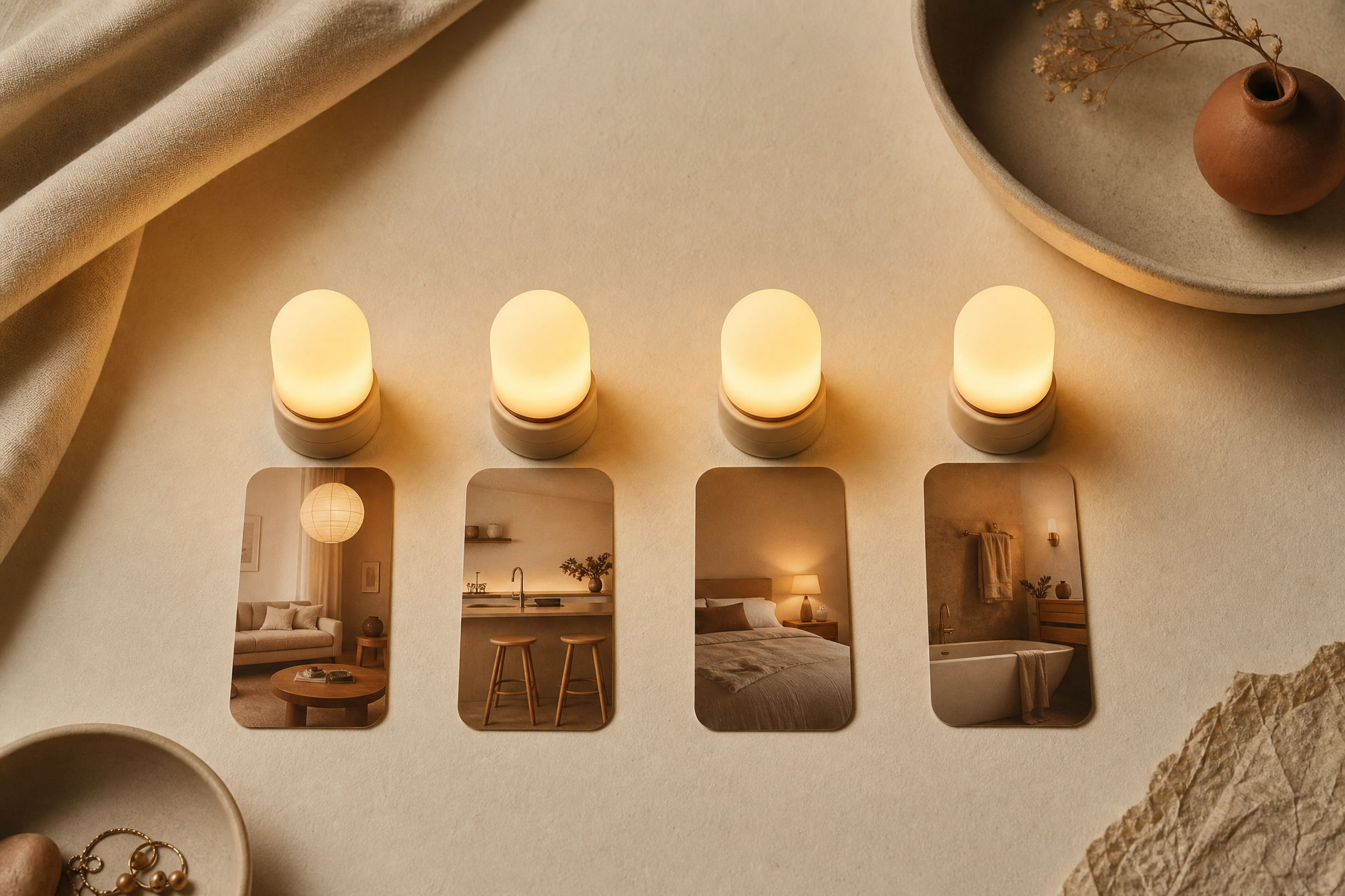 Four cordless warm lights arranged as a guided selector