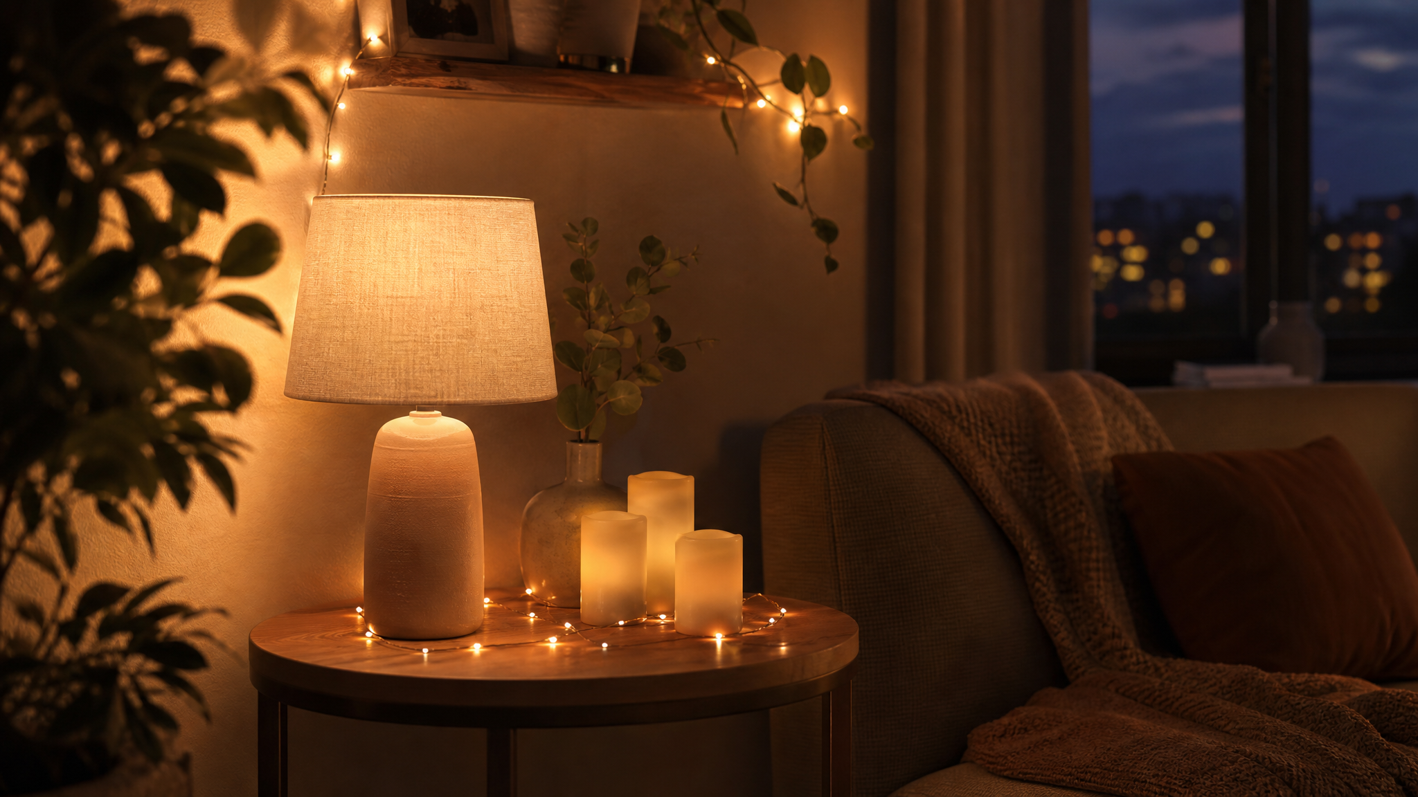 A warm rental living-room corner lit by a cordless linen table lamp, layered fairy lights and flameless LED candles