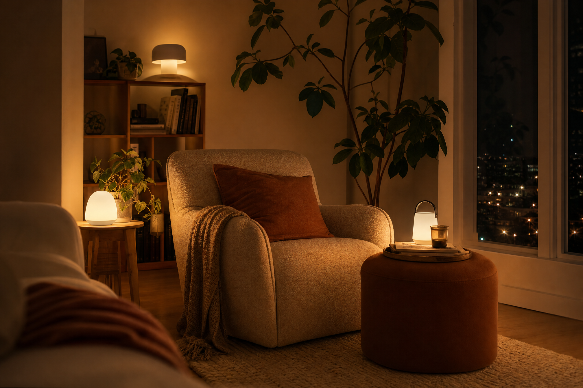 A rented apartment corner lit with cordless warm ambient lights
